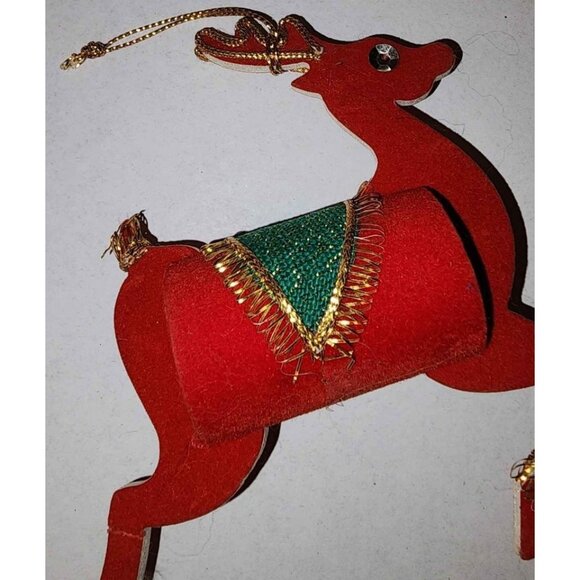 Vintage Red Reindeer Christmas Ornament With Gold Accents & Green Saddle AX - Picture 6 of 9